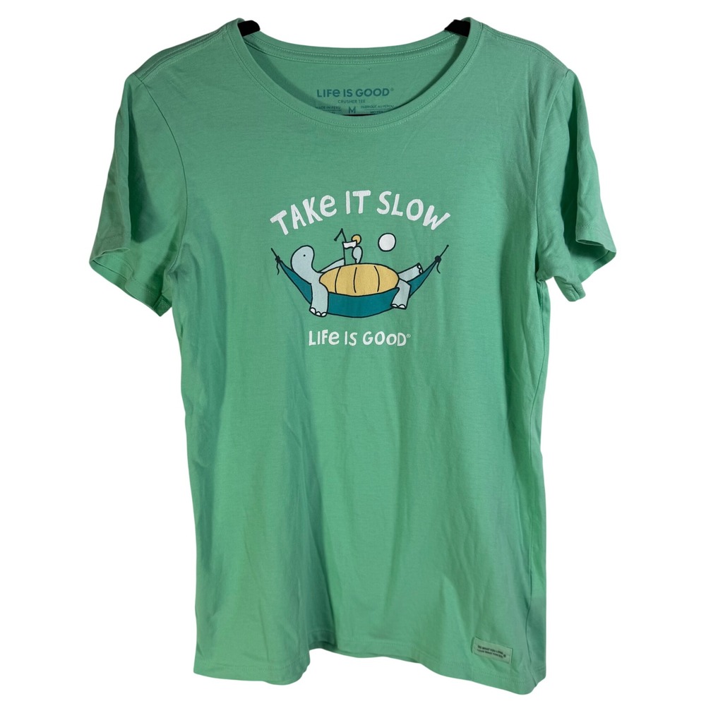 Life is Good Womens Take It Slow Turtle Hammock Green Crusher Tee M Short Sleeve
